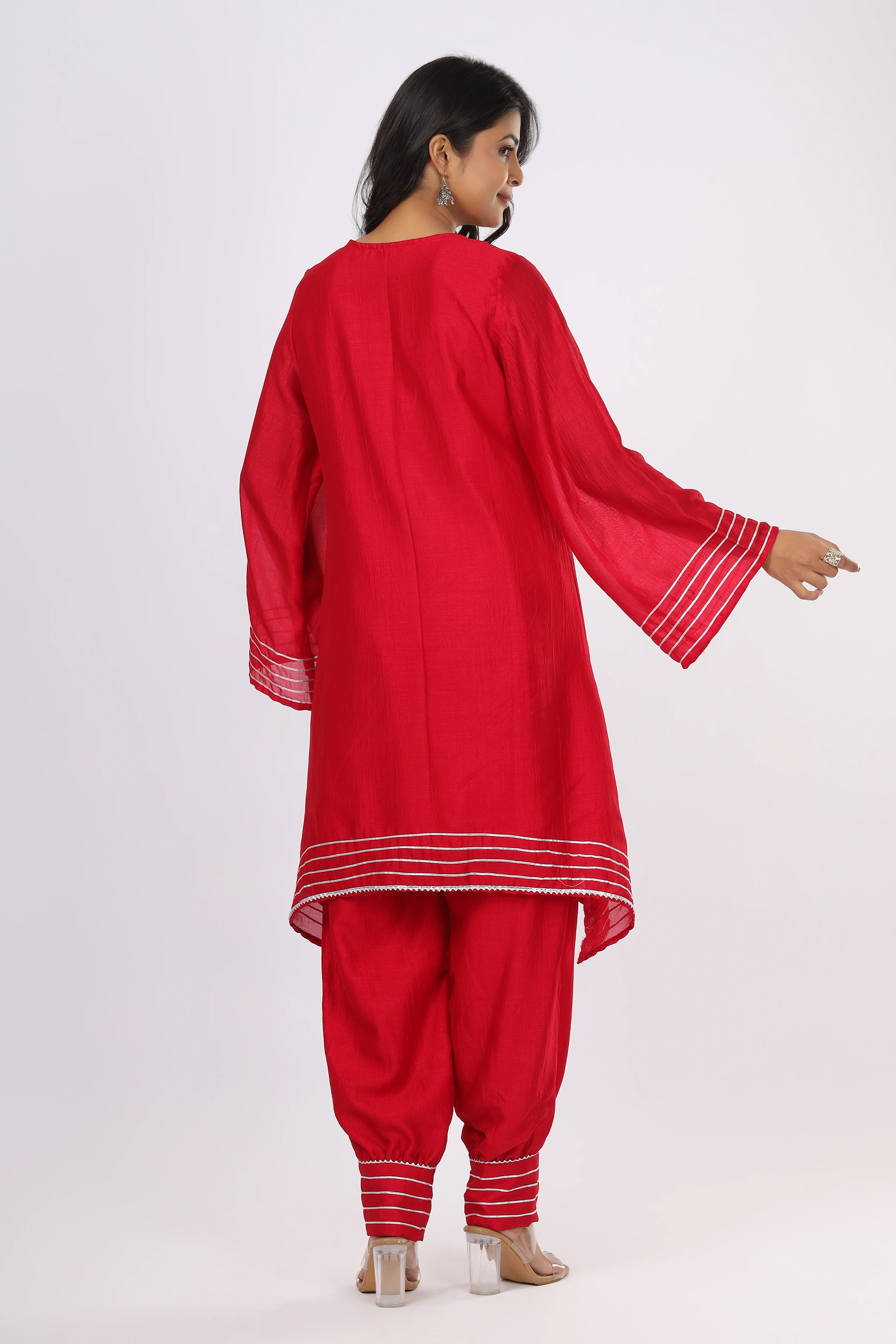 VGlame Pink V Silk Kurta Set with Afghani Salwar, Bell Sleeves & Sikki Gota Work alternate view