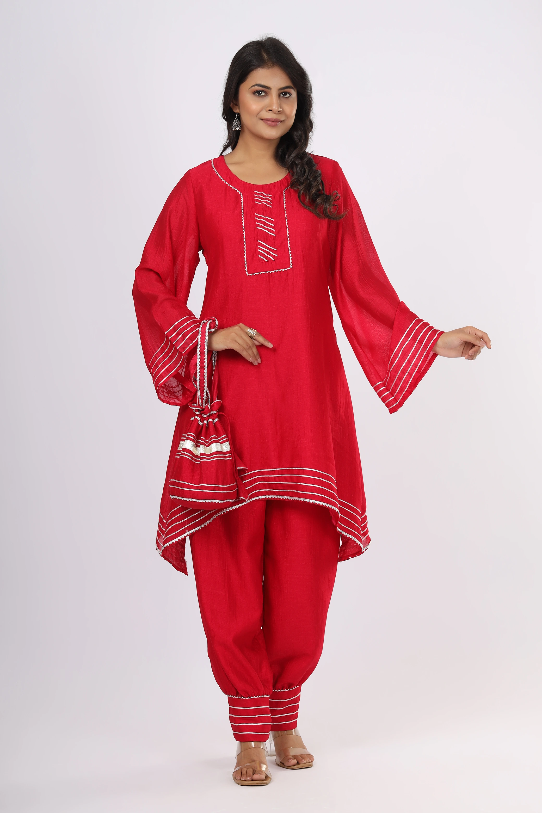 VGlame Pink V Silk Kurta Set with Afghani Salwar, Bell Sleeves & Sikki Gota Work