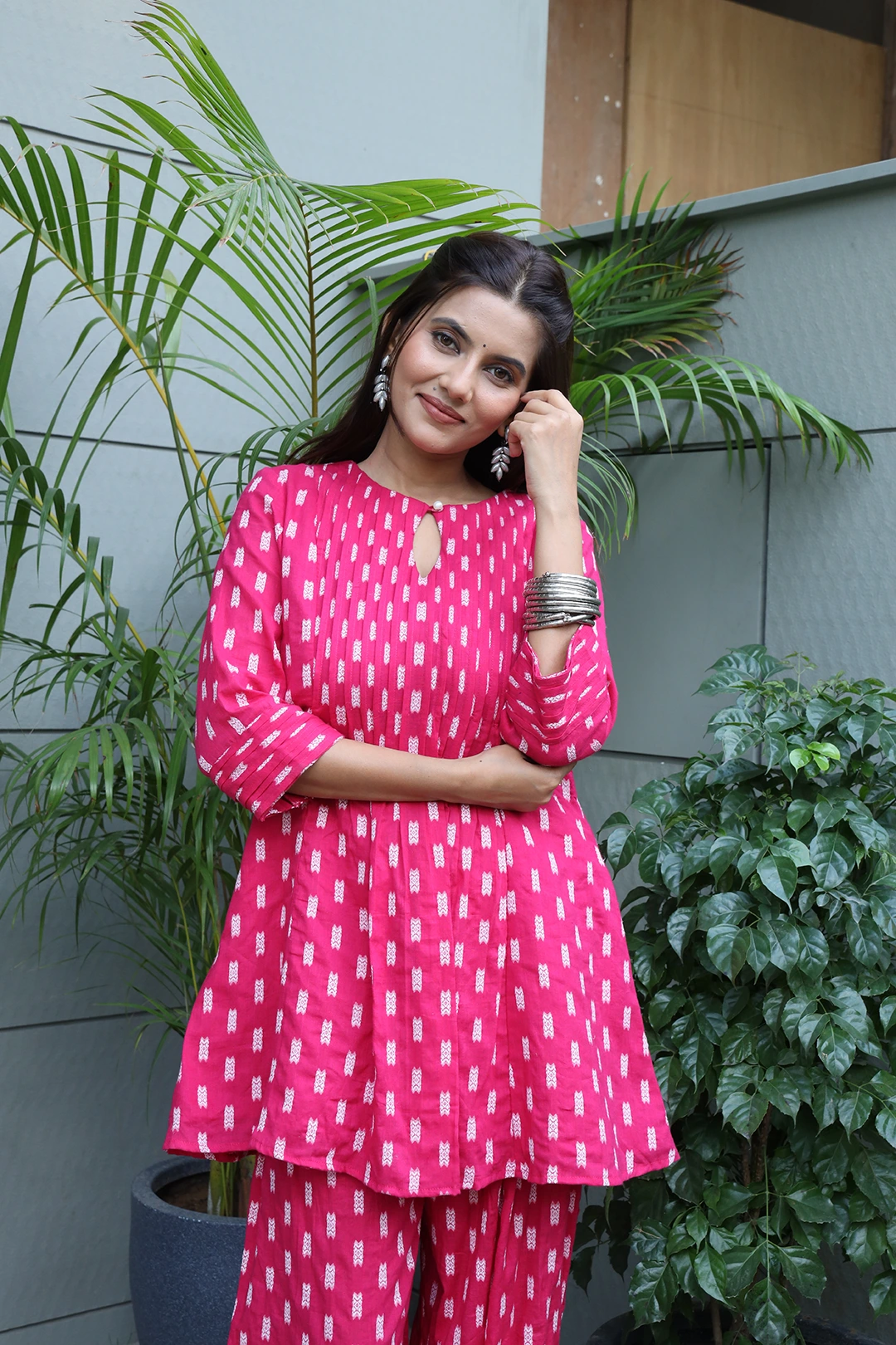 VGlame Pink Cotton Dobby Peplum Kurta Set with Afghani Salwar, Keyhole Neck & Pintex Yoke