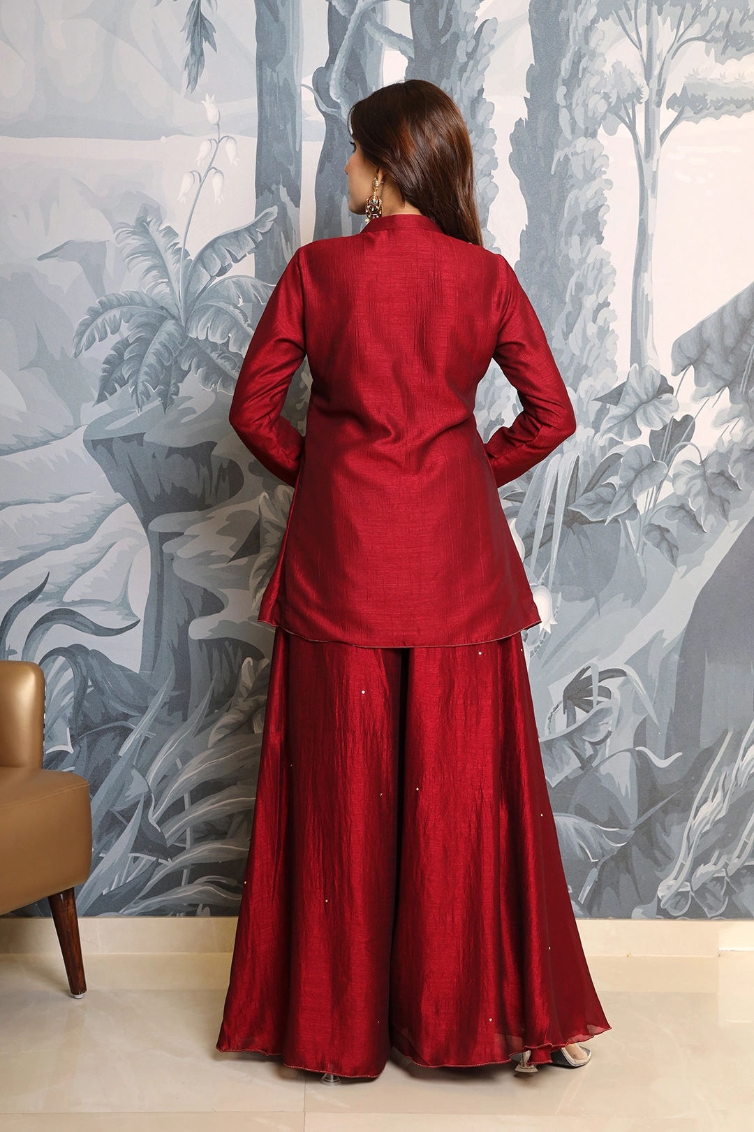 VGlame Dark Maroon V Silk Short Kurti Set with Palazzo Pants, Potli Buttons & Sitara Work alternate view