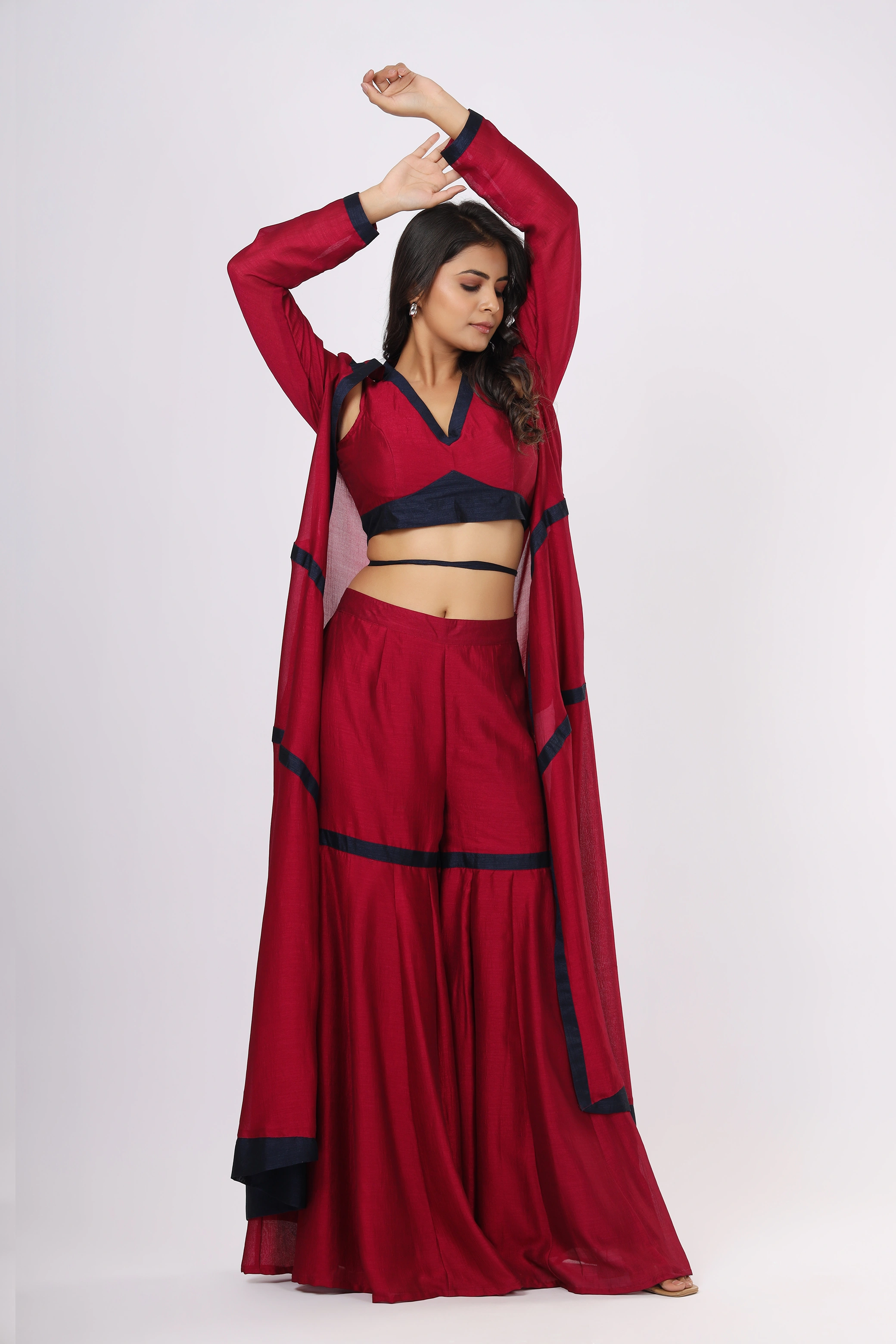 VGlame Pink & Blue V Silk Three-Piece Co-Ord Set with Short Blouse, Umbrella Palazzo & Long Shrug