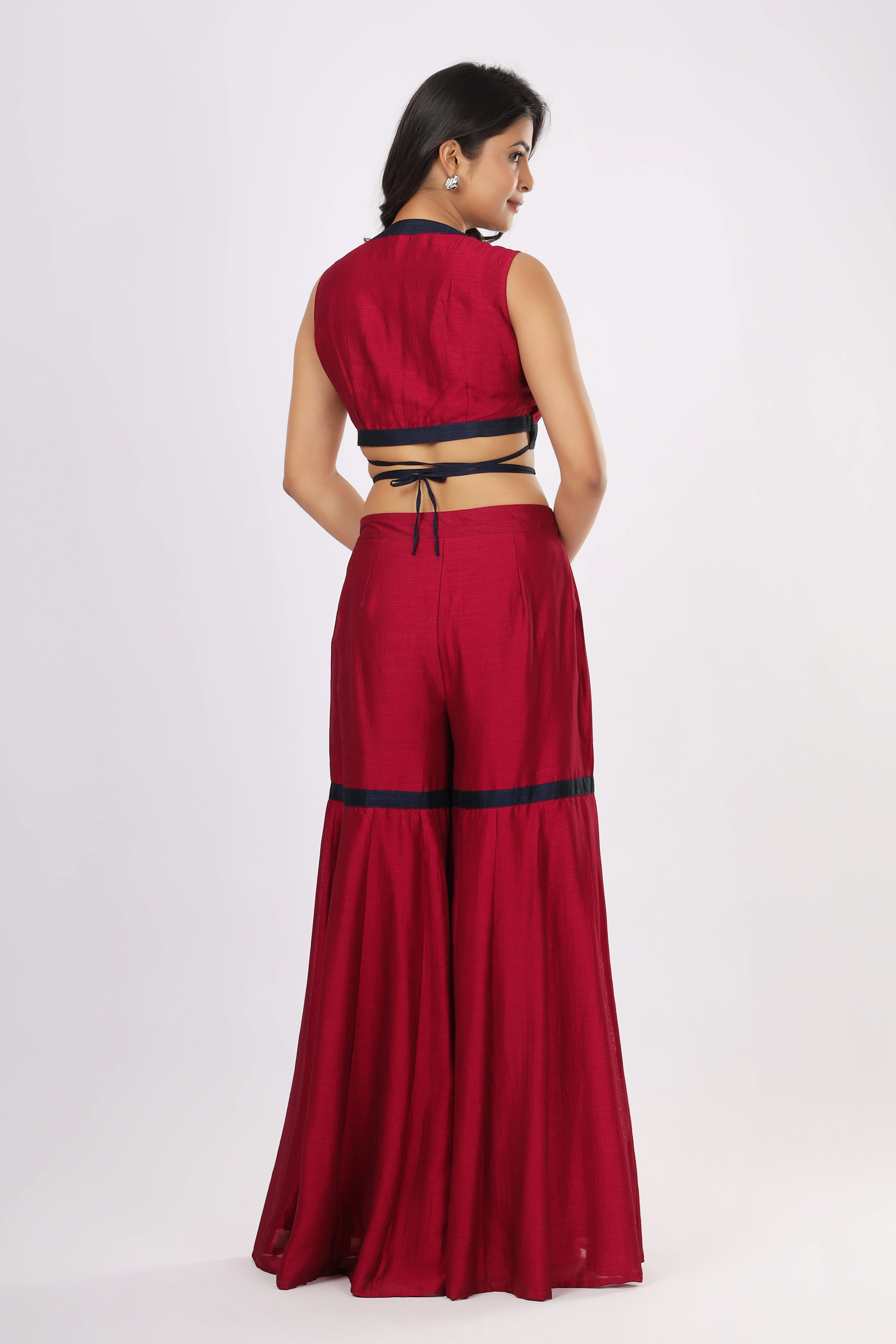 VGlame Pink & Blue V Silk Three-Piece Co-Ord Set with Short Blouse, Umbrella Palazzo & Long Shrug alternate view