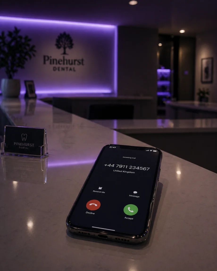 Incoming call on empty dental clinic reception desk at 21:47