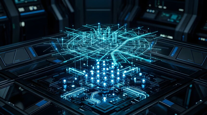 Quantum computing architecture represented as a glowing cyber network