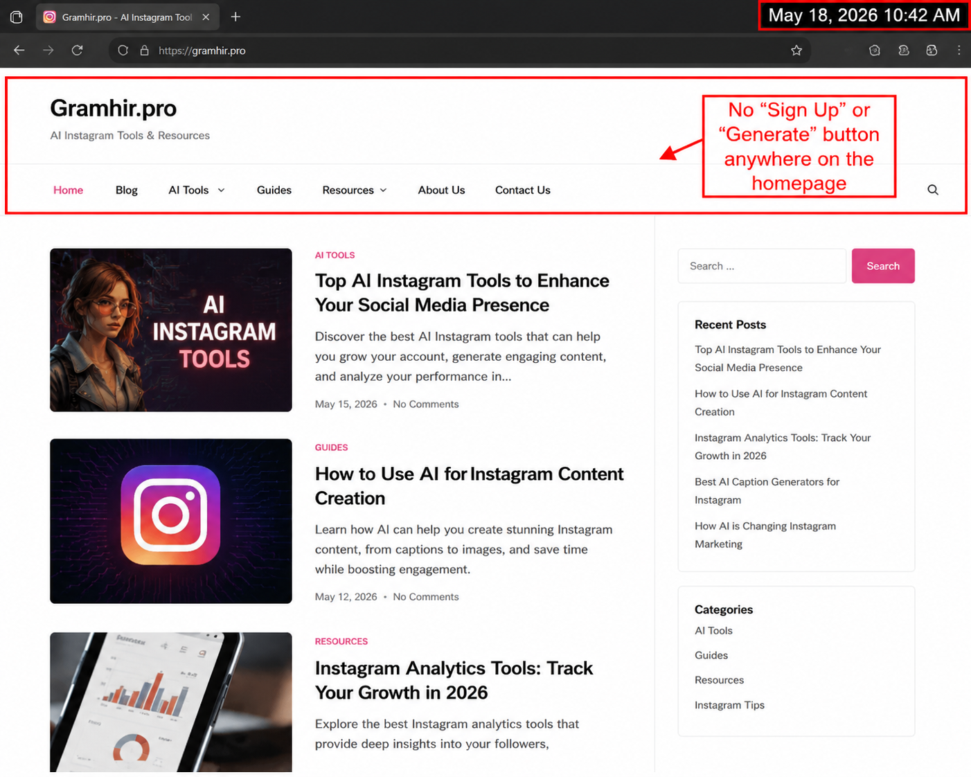 timestamped live verification showing no interface on gramhir.pro ai