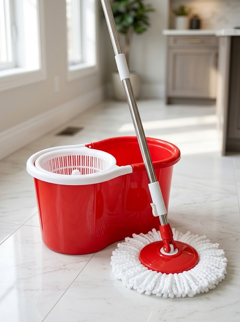 Premium Plastic Spin Mop & Bucket Set – Red Edition