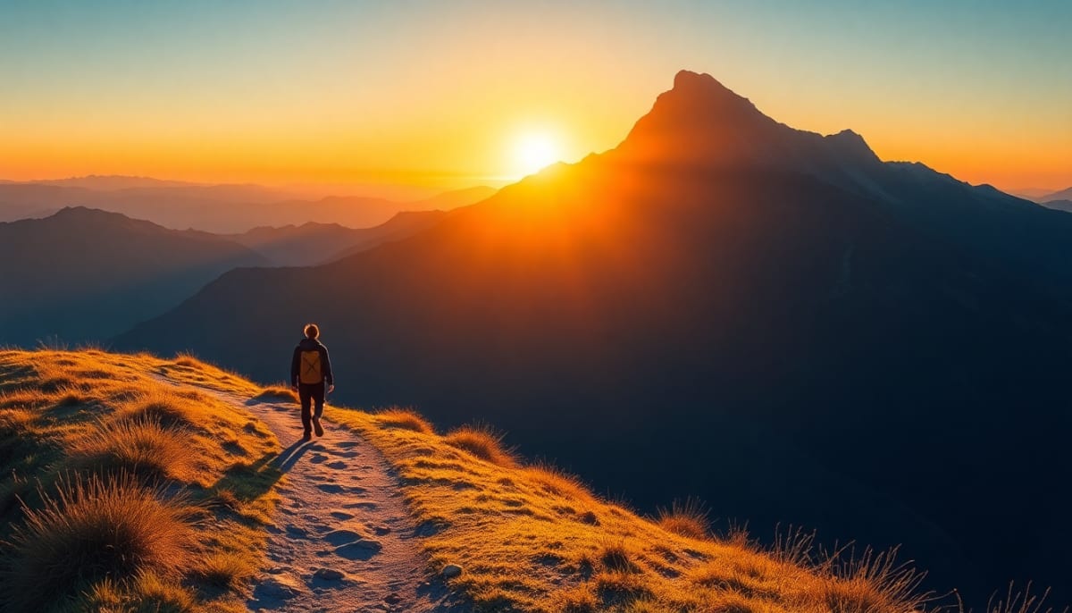 Person walking on a mountain trail at sunrise