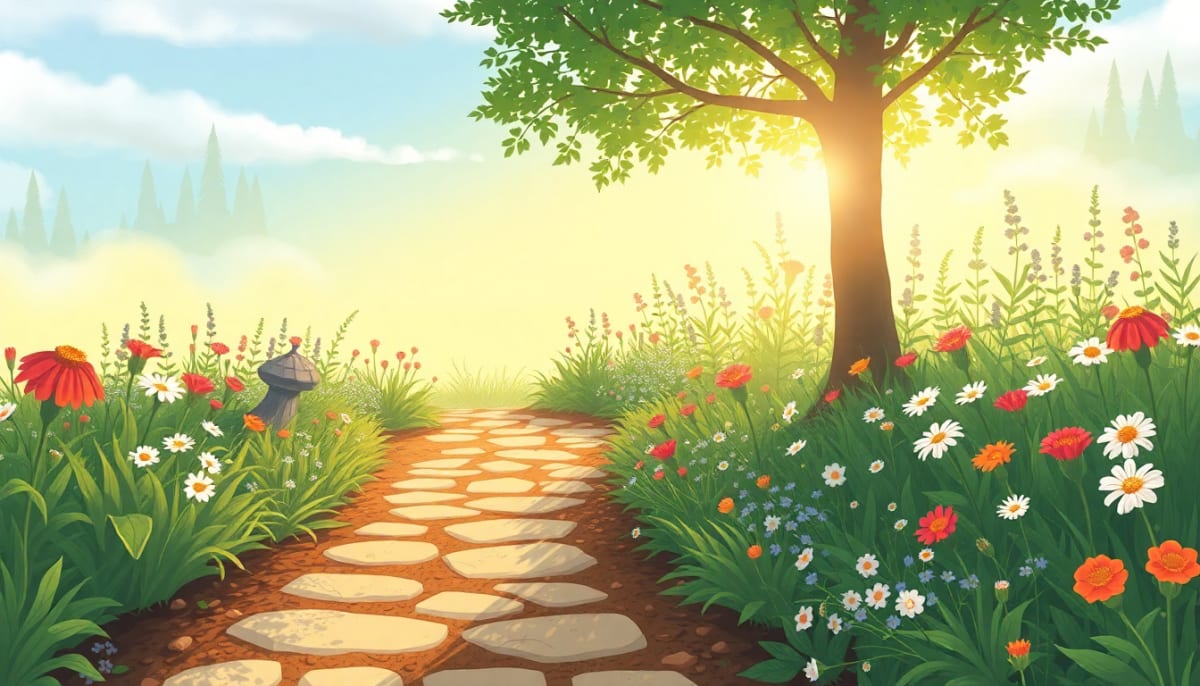 Peaceful garden pathway with morning light