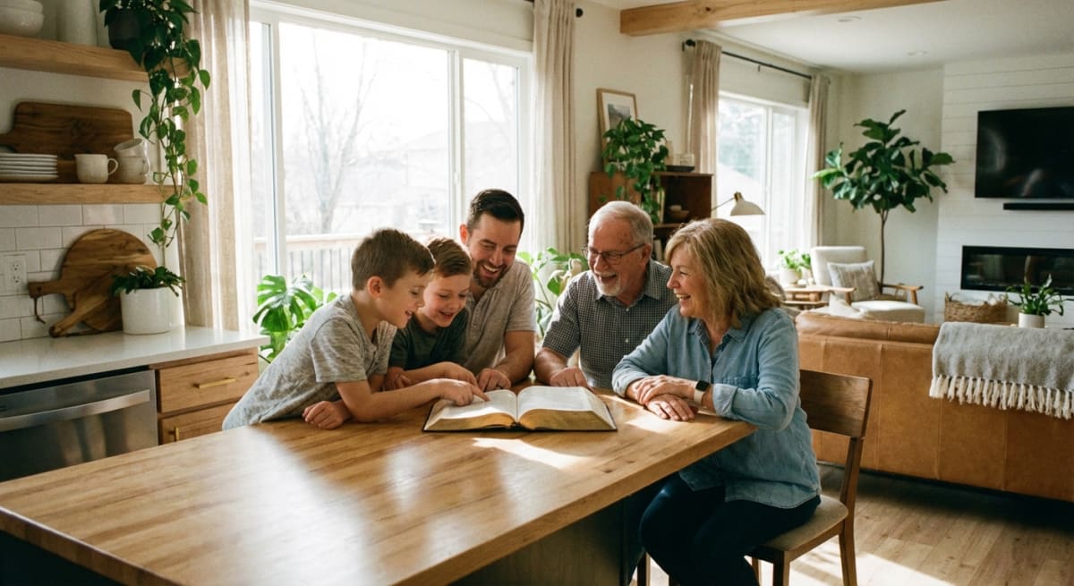 A family reading the Bible together at a kitchen table