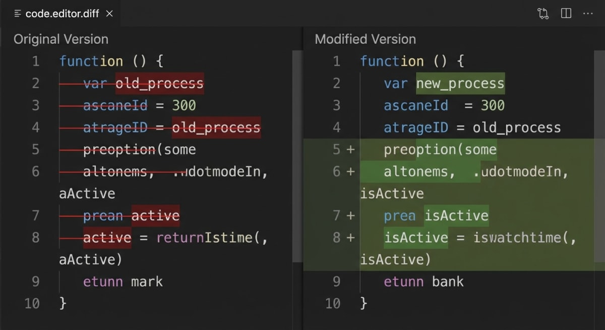 Text compare side-by-side diff view showing word-level differences with color highlighting