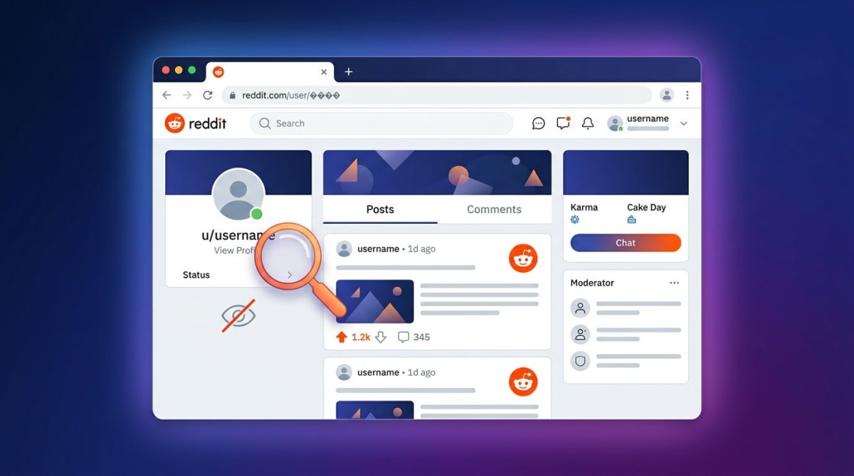 Reddit profile screenshot privacy — magnifying glass over a profile, no view tracking