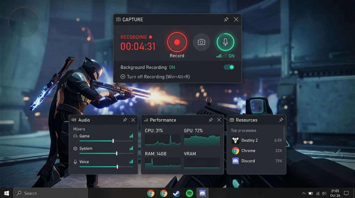 Xbox Game Bar overlay on a Windows desktop with record button, microphone toggle, and capture widget