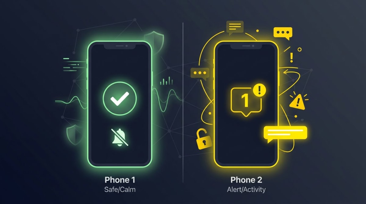 Comparison of a calm, silent phone versus an alert-heavy phone showing screenshot notification differences