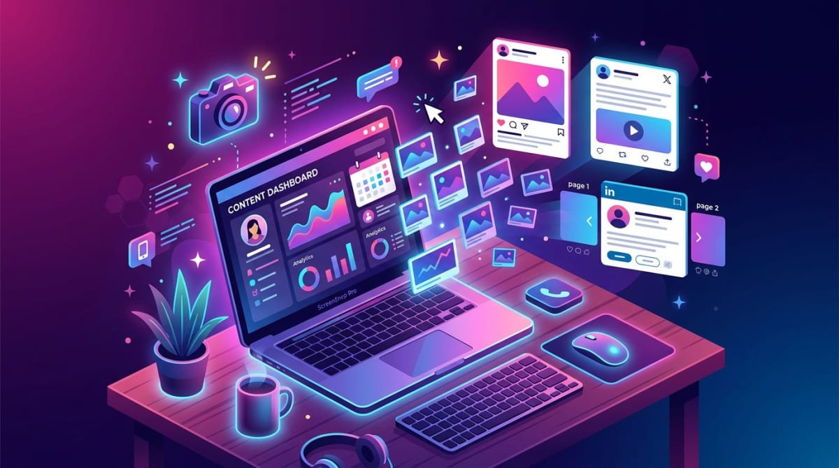 Isometric illustration of marketing screenshots for social media being reused across Reels covers, X posts, and LinkedIn carousels