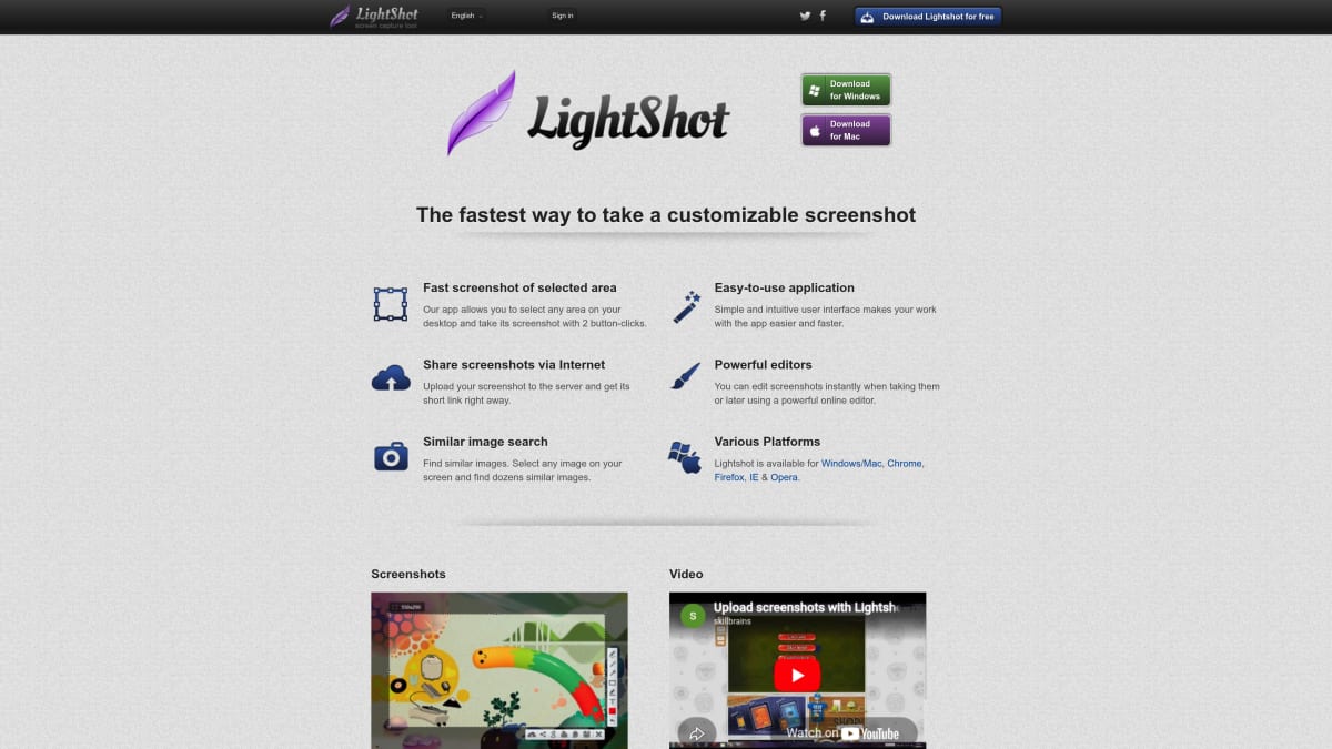 Lightshot homepage showing free screenshot tool for Mac and Windows