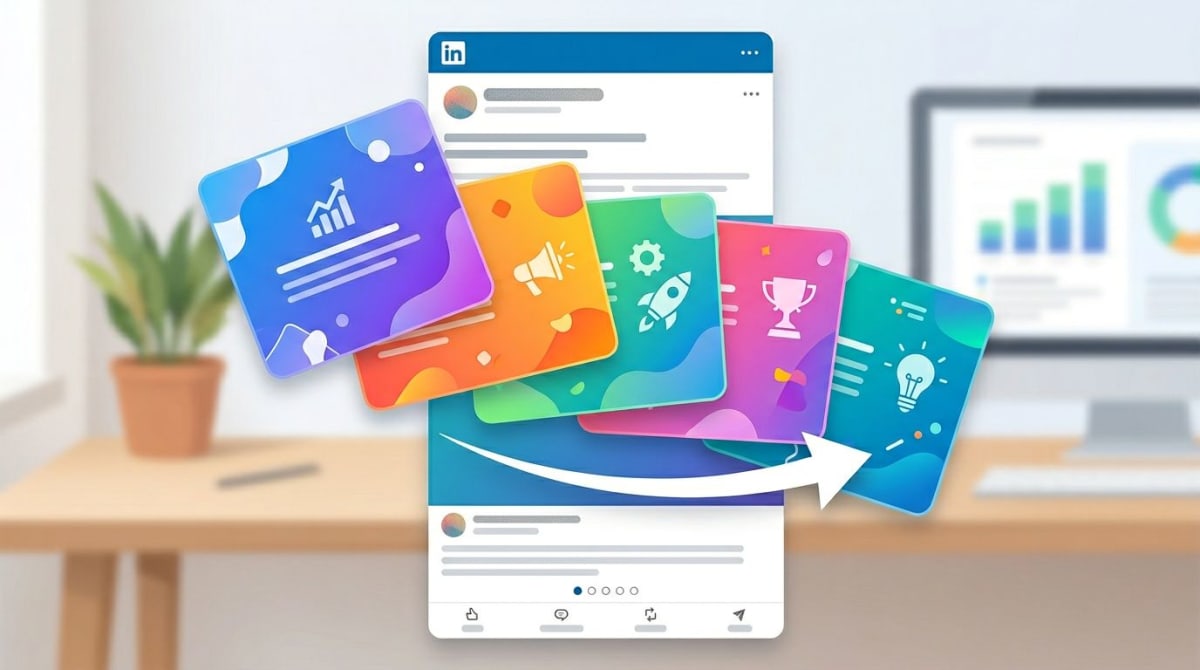 Document carousel LinkedIn post showing slide stack with swipe gesture