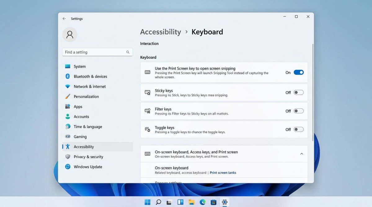 Windows 11 Settings Accessibility Keyboard with Print Screen toggle option