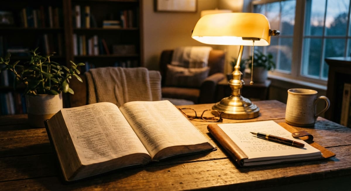 Two Bibles side by side on a wooden table in warm morning light