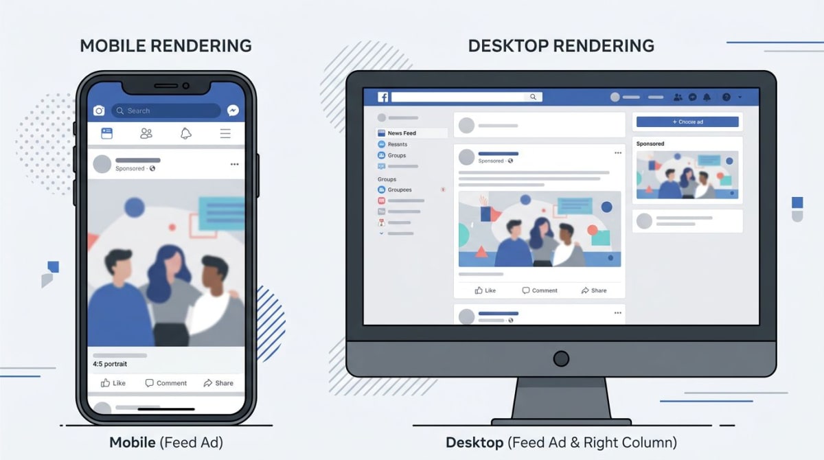 Mobile vs desktop showing Facebook ad rendering across both