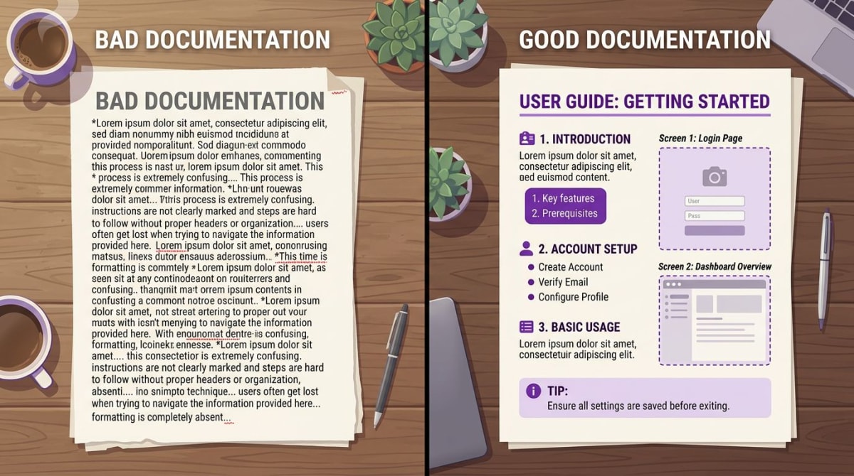 Side-by-side comparison of bad versus good process documentation