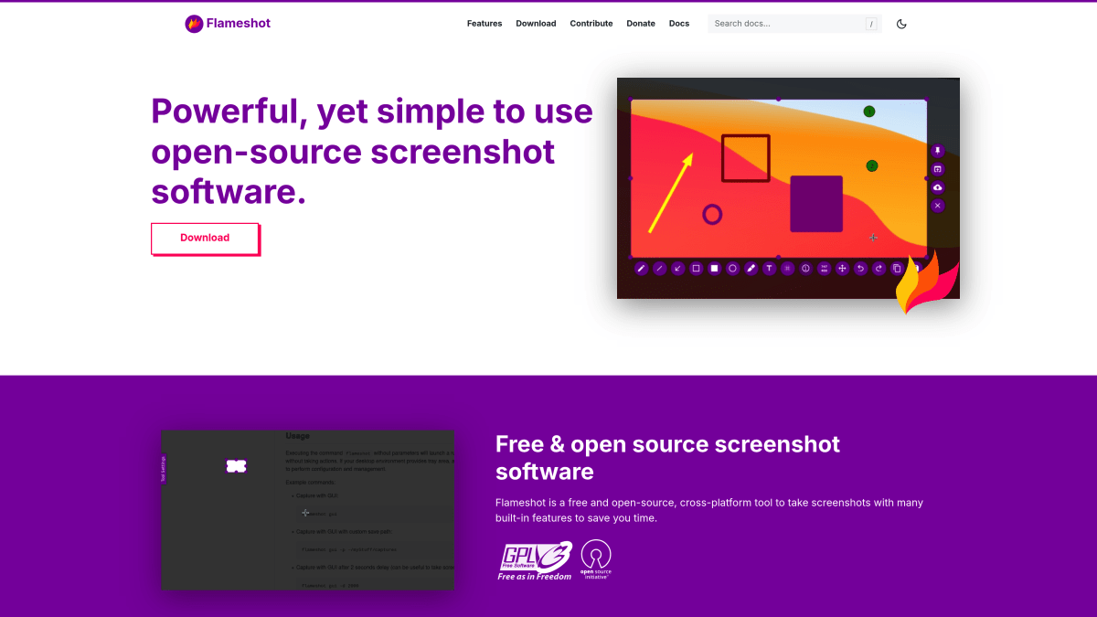Flameshot homepage — free open-source screenshot tool