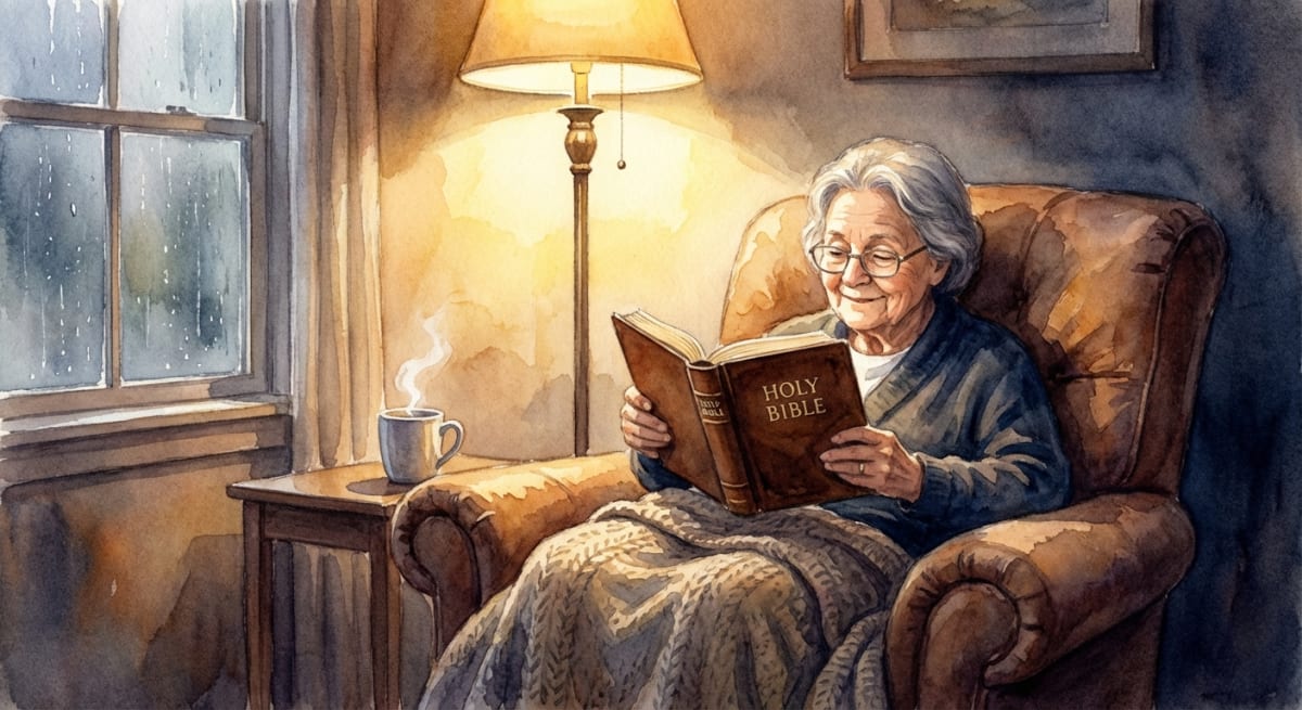 Person reading Bible peacefully in a cozy armchair