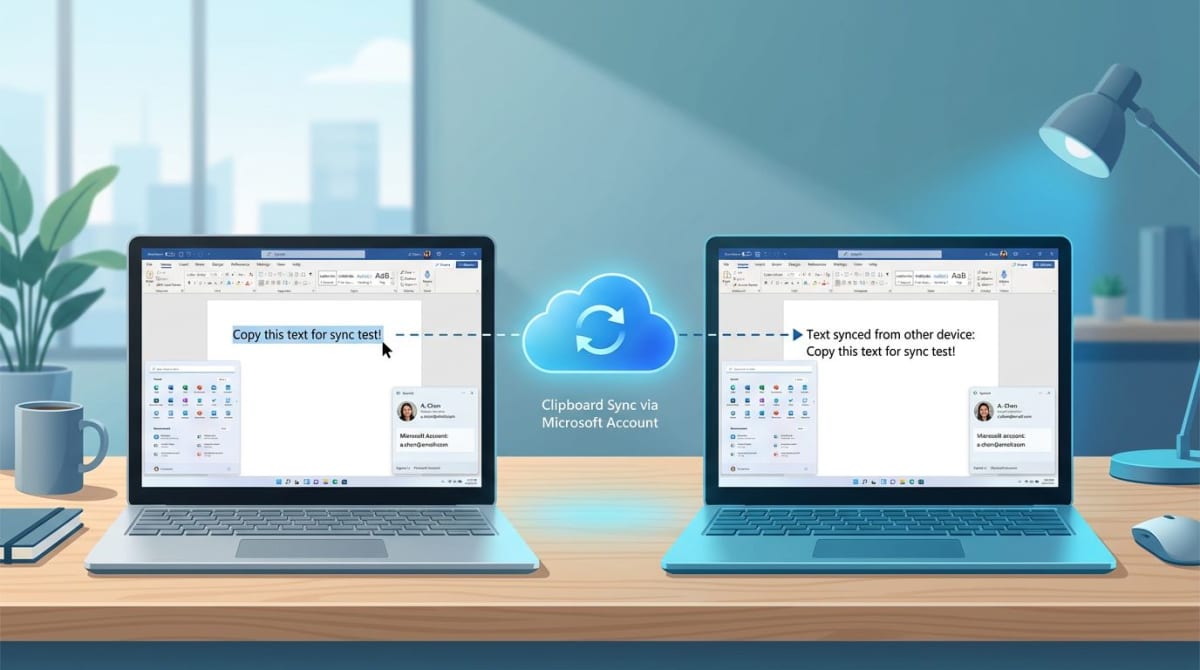 Two Windows laptops syncing clipboard via Microsoft account