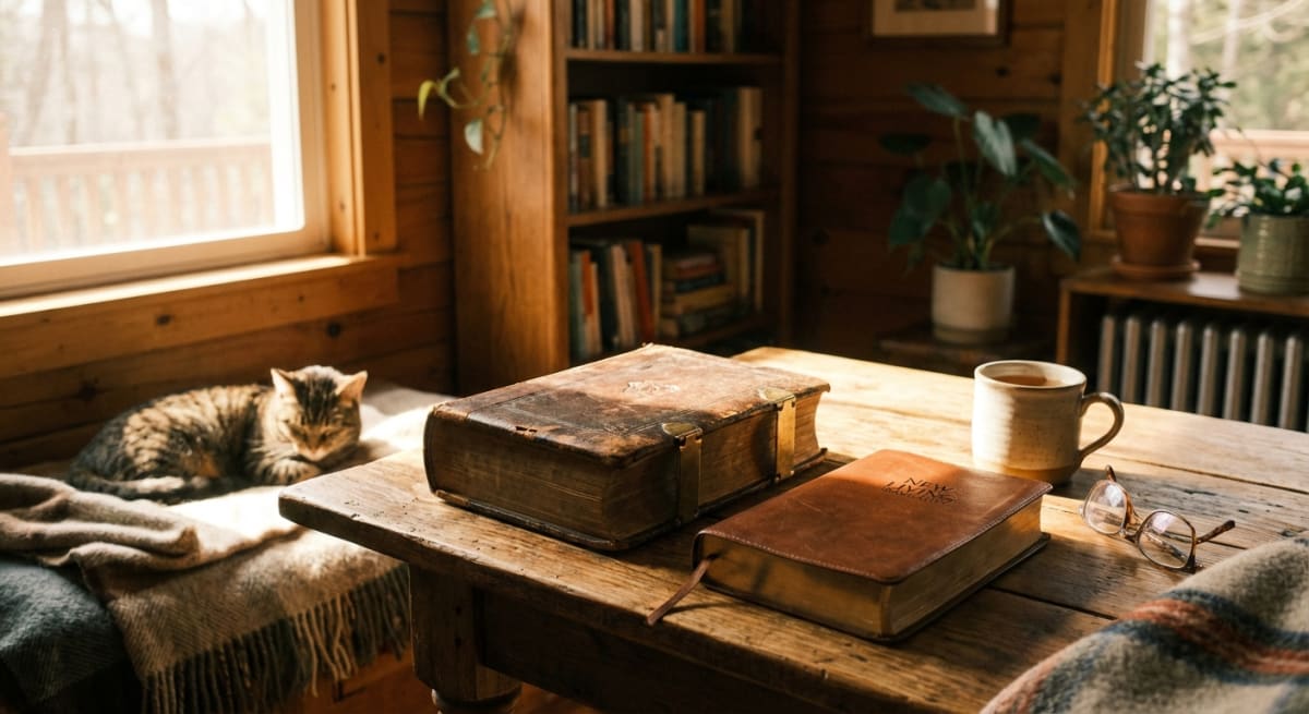 Two Bibles side by side on a wooden table in warm morning light