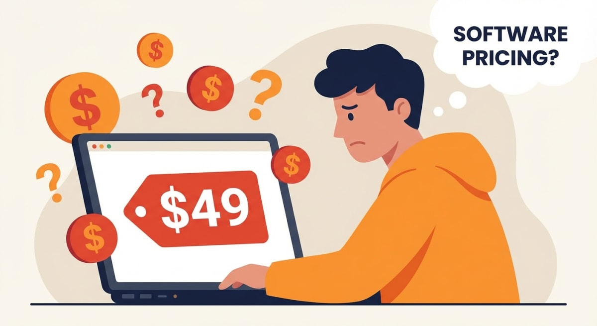 Illustration of software pricing concerns with dollar signs