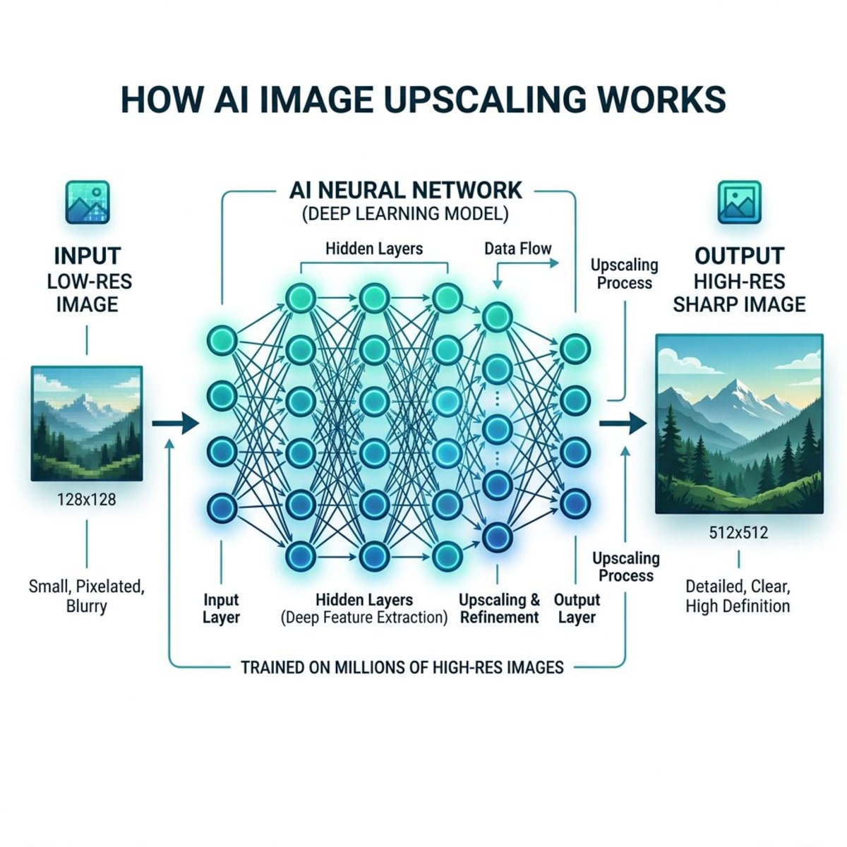 So funktioniert KI-Upscaling: Neuronale Netze sagen fehlende Details voraus, um eine scharfe, hochauflösende Ausgabe zu erzeugen