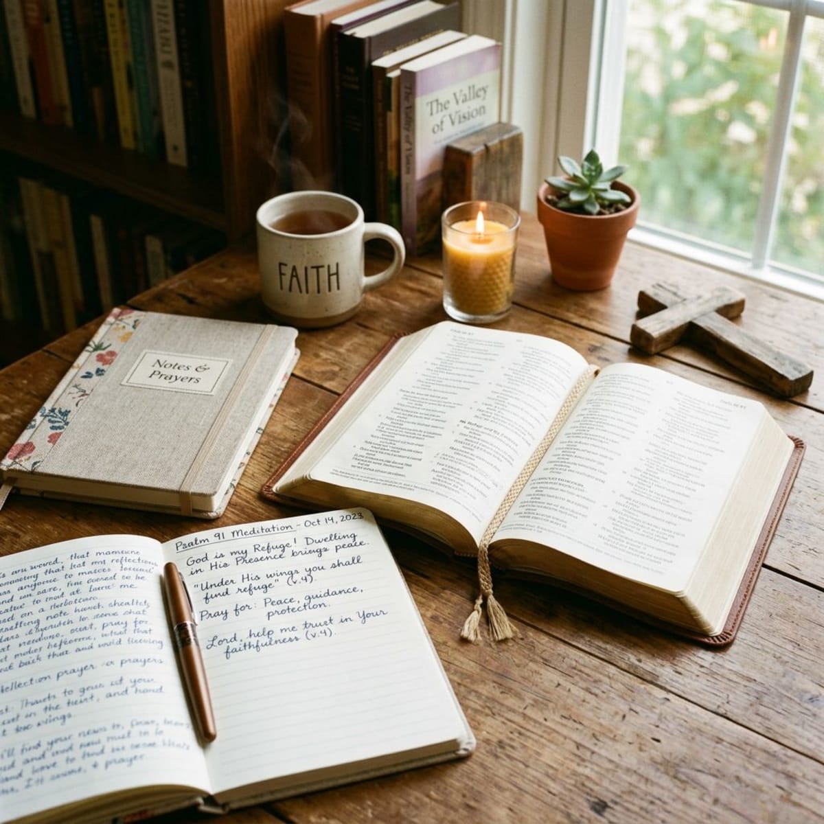 Prayer journal next to open Bible with prayer notes, showing scripture meditation setup in peaceful study space