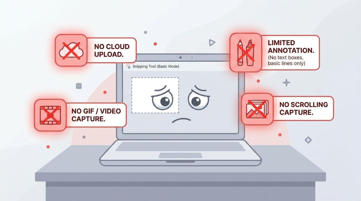 Windows Snipping Tool limitations illustration