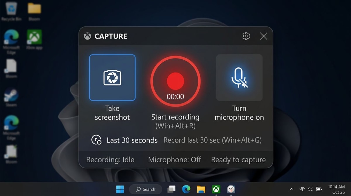 Xbox Game Bar Capture widget showing record, screenshot, and microphone buttons