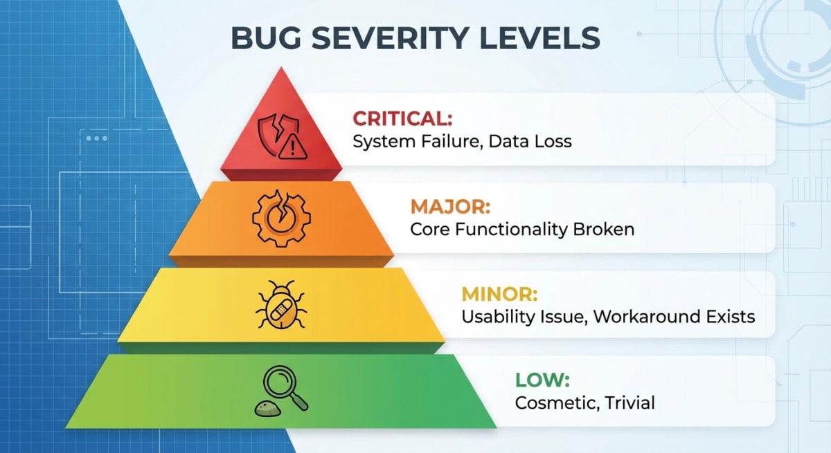 Bug severity levels from Critical to Low with visual indicators