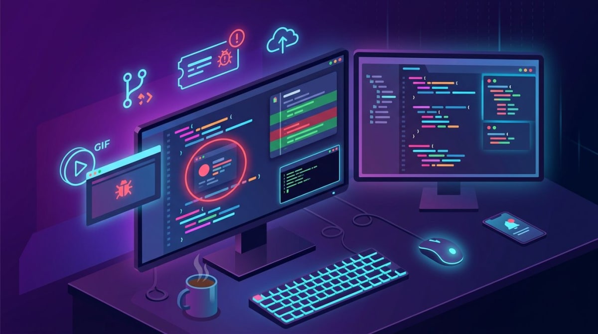 Isometric illustration of developer bug-report screenshots, code review diffs, and GIF capture for engineers