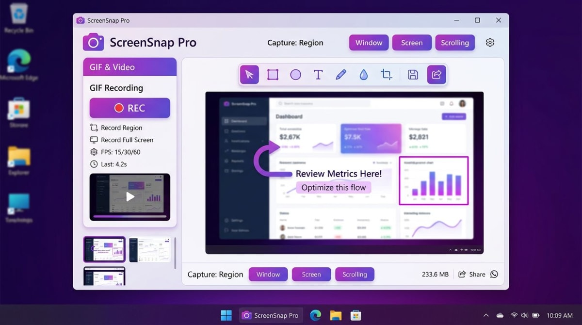 ScreenSnap Pro app on Windows with gradient backgrounds and annotation tools