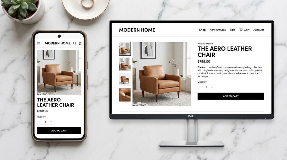 Derselbe Shopify-Storefront auf Desktop und Mobilgerät, der responsives Bildbeschneiden zeigt