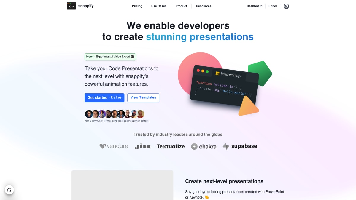 Snappify-Startseite — Code-zu-Bild-Tool mit Animationen