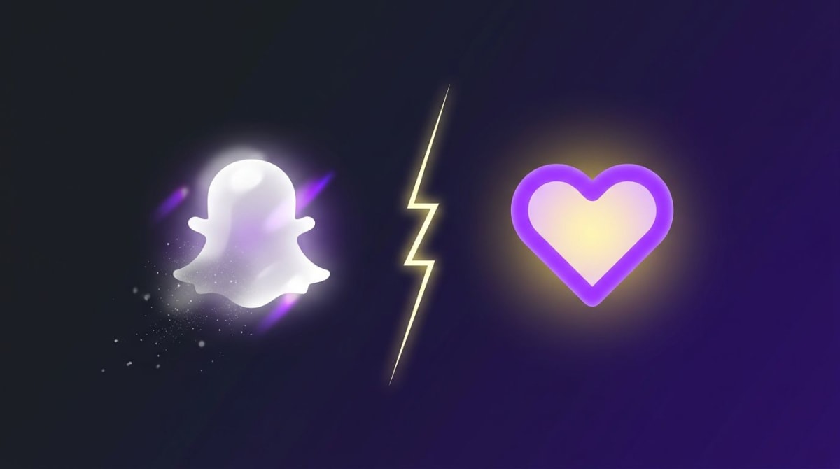 Bumble screenshot myth versus fact — a vanishing-message icon contrasted with a steady dating-app heart icon