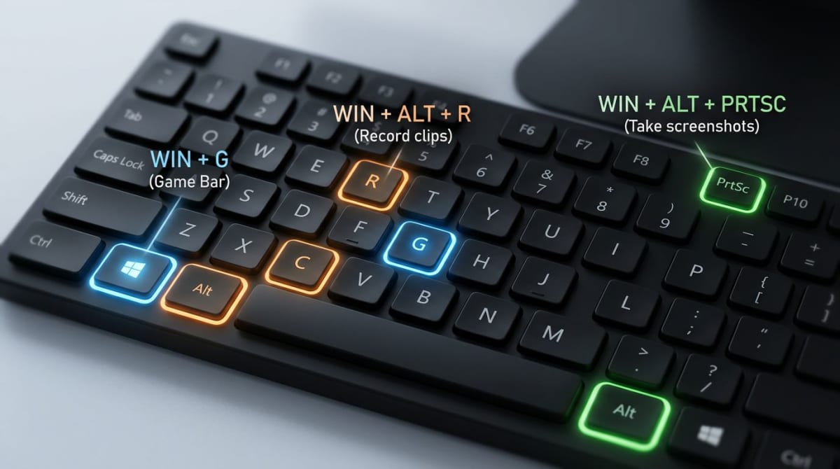 Windows keyboard with Xbox Game Bar shortcuts highlighted including Win plus G, Alt plus R, and Alt plus PrtSc keys