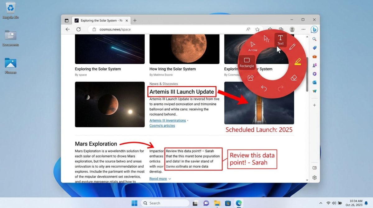 Annotation toolbar with arrows and rectangles on a Windows browser window