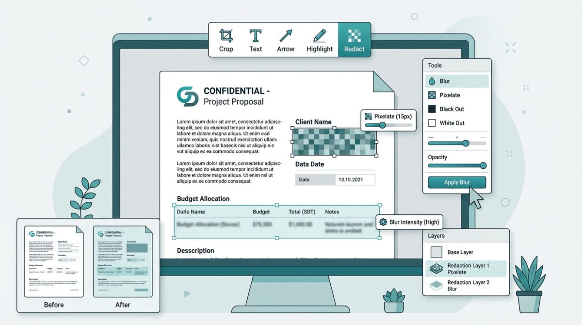 Blurring sensitive data in a screenshot before sharing