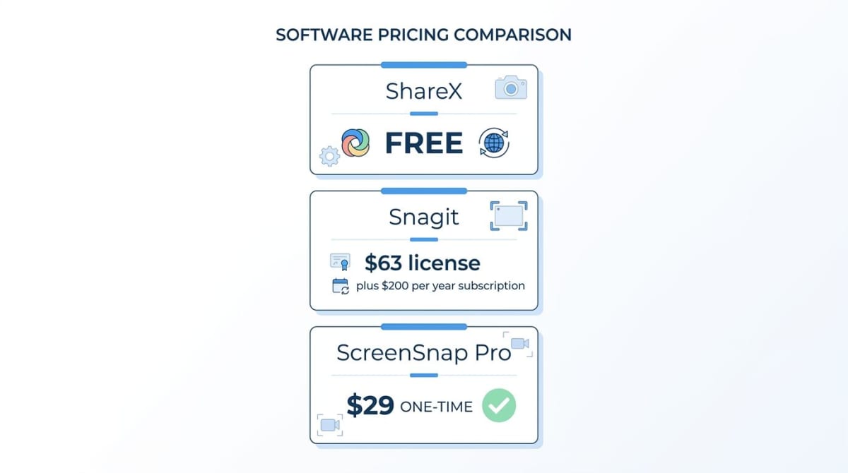 Pricing comparison card showing ShareX free Snagit 63 dollars and ScreenSnap Pro 29 dollars one-time