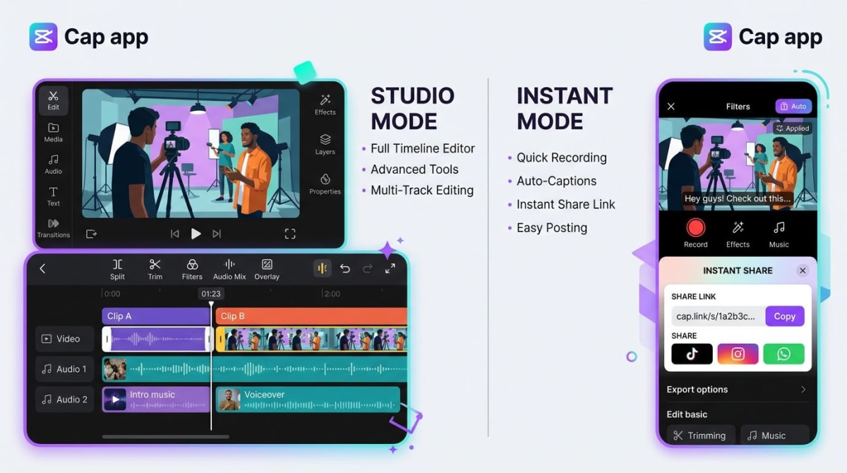 Cap Studio Mode timeline editor next to Instant Mode share link
