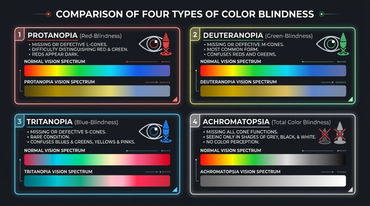 Infographic comparing four types of color blindness and their effects on color perception