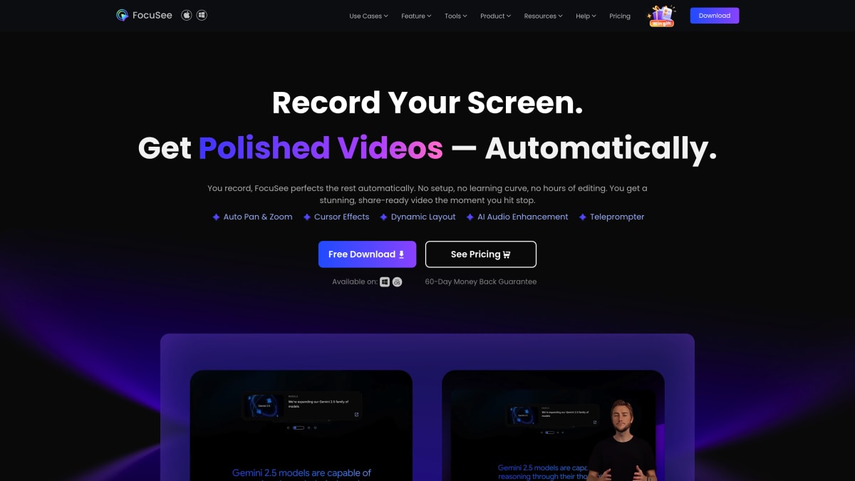 FocuSee homepage — cross-platform screen recording tool