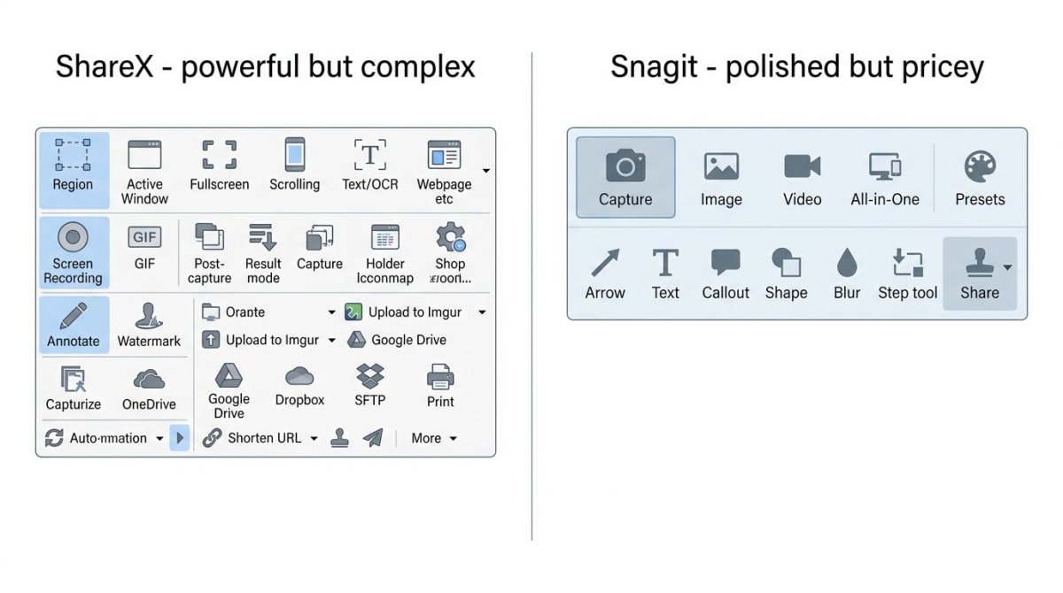 Side-by-side comparison of a busy ShareX toolbar and a clean polished Snagit toolbar