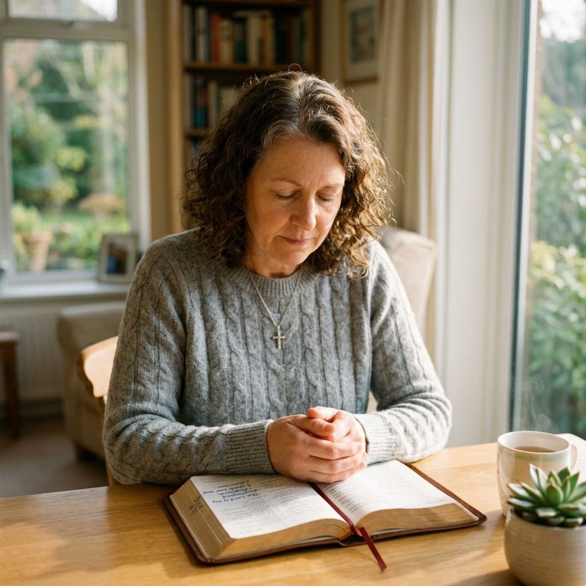 Person holding open Bible in prayer with peaceful morning light, representing praying scripture devotion