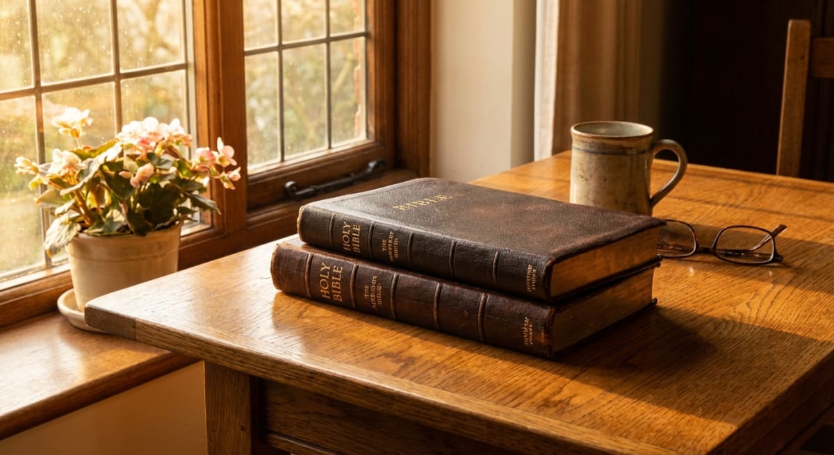 Bibles open for comparison on a study desk