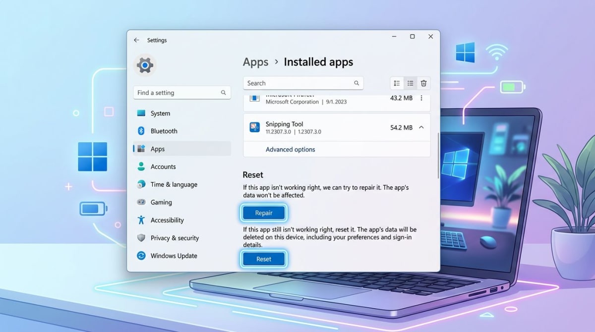 Windows Snipping Tool Repair and Reset buttons in Advanced options